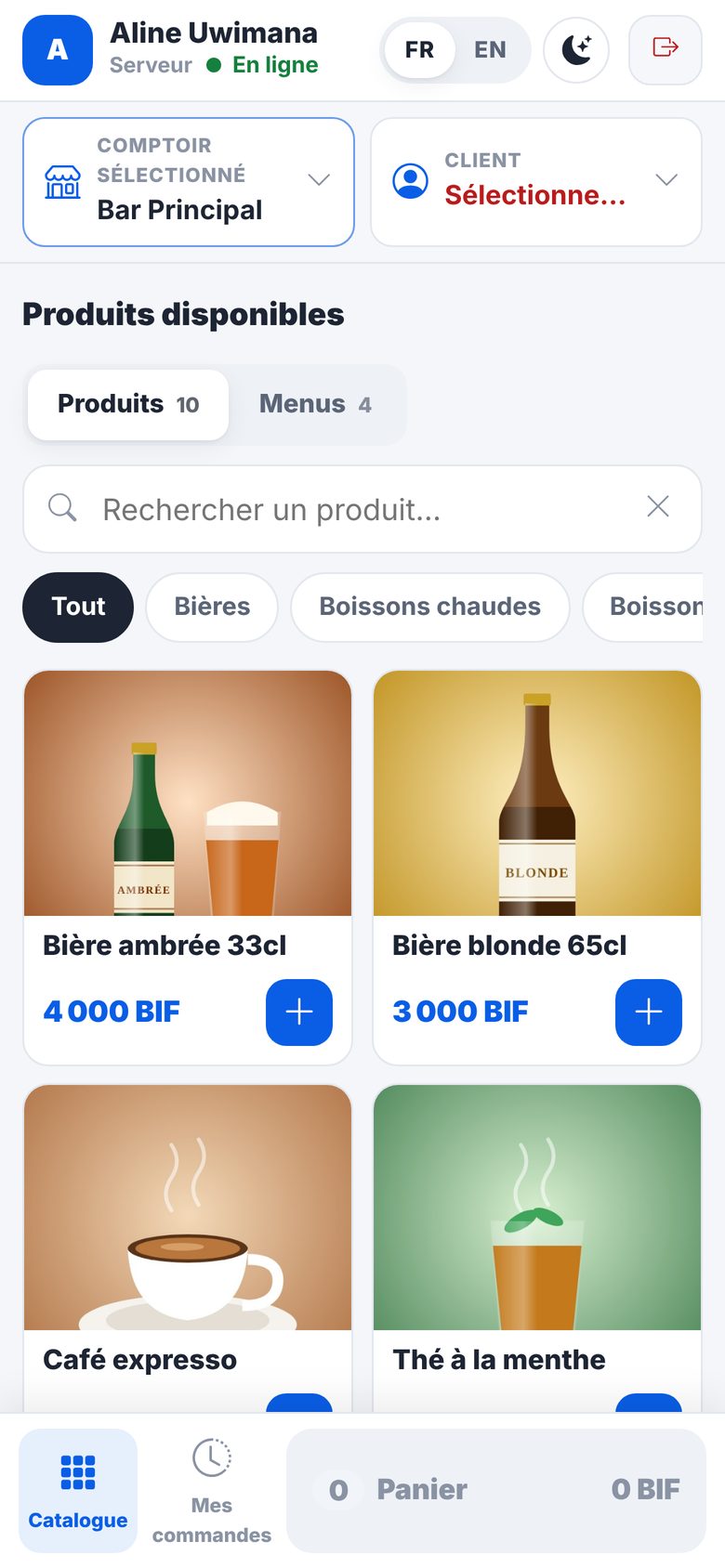 Carte des produits sur le téléphone du serveur